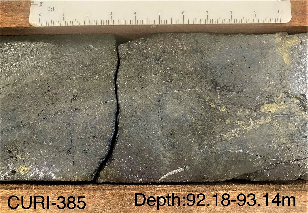 Adventus Mining Corporation (ADZN-tsxv) (ADVZF-otcqx) (AZC-Frankfurt):Drill hole CURI-385 intersected 9.06 metres of 3.25% copper, 19.08 g/t gold, 30.56% zinc, 242.5 g/t silver, and 3.19% lead for 26.78% CuEq – including 3.48 metres of 2.37% copper, 35.13 g/t gold, 39.51% zinc, 470.7 g/t silver, and 7.50% lead for 41.22% CuEq