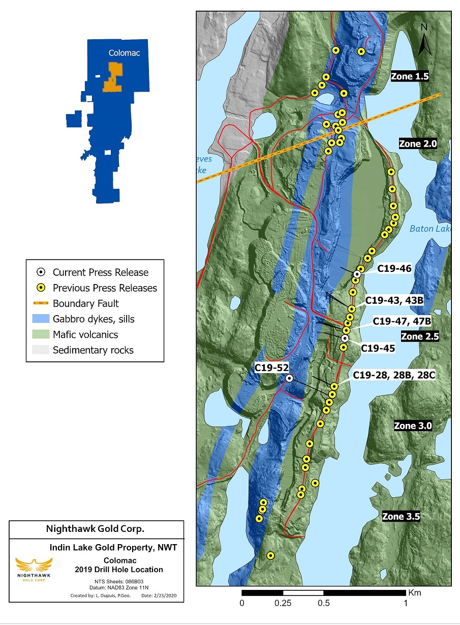 Figure 1.  Plan View (Colomac Main Sill) - Drillhole Locations (CNW Group/Nighthawk Gold Corp.)
